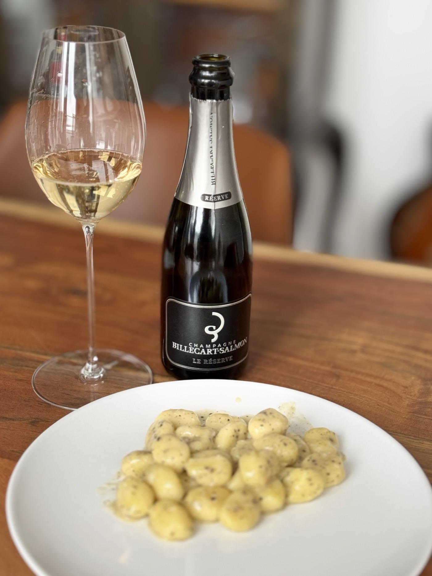 Champagne Billecart-Salmon Brut R&eacute;serve 375 mL in a Riedel Superleggero Sauvignon Blanc glass, paired with gnocchi in sage butter